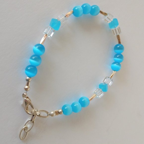 Aqua Blue Beaded Bracelet with Banded Agate Beads Handmade 8 inches - Picture 9 of 16